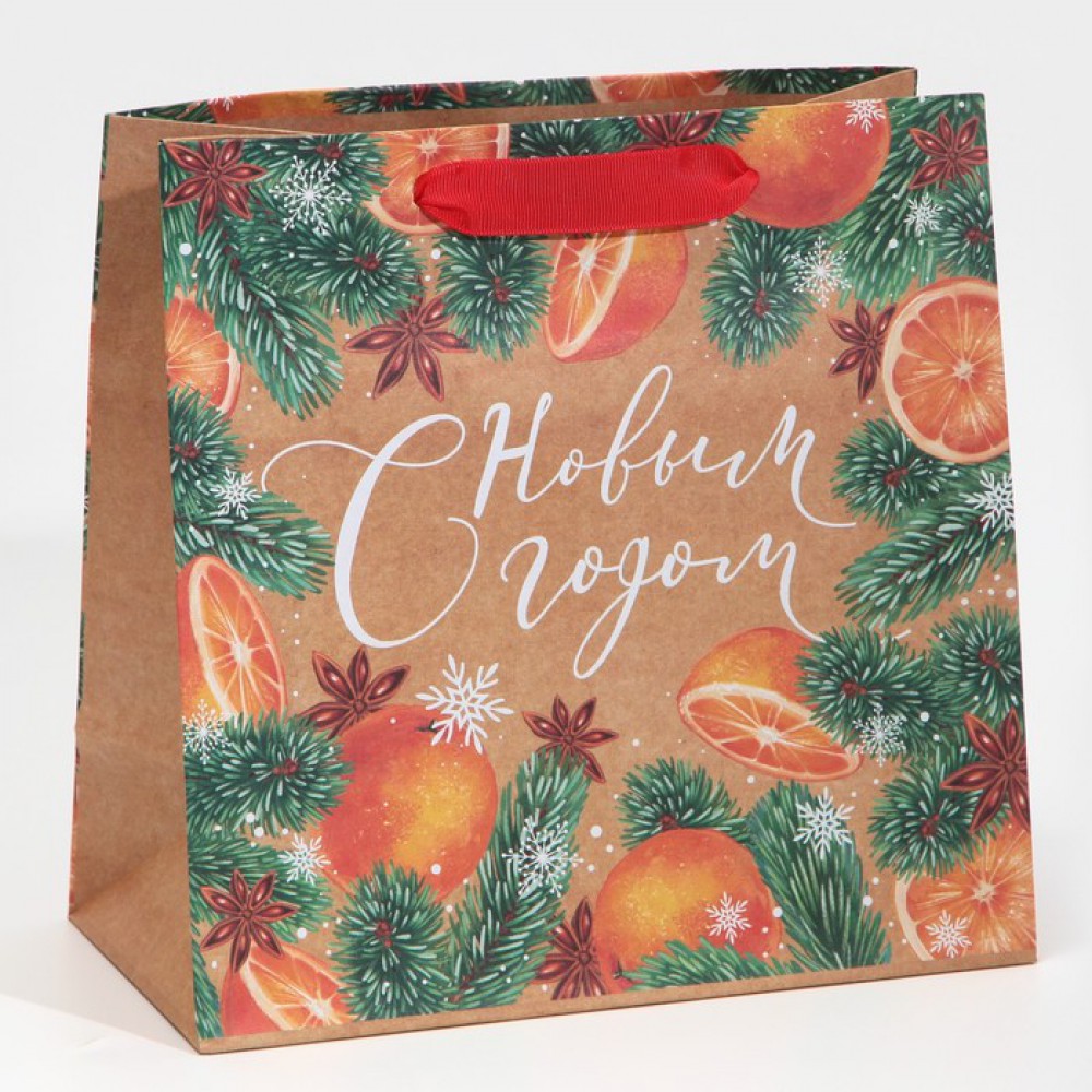Пакет крафтовый квадратный «Апельсинка», 22 × 22 × 11 см