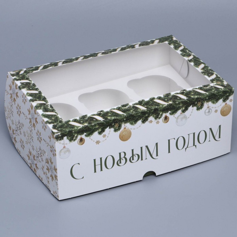 Коробка складная на 6 капкейков с окном «Паттерн снежинки», 25 х 17 х 10 см