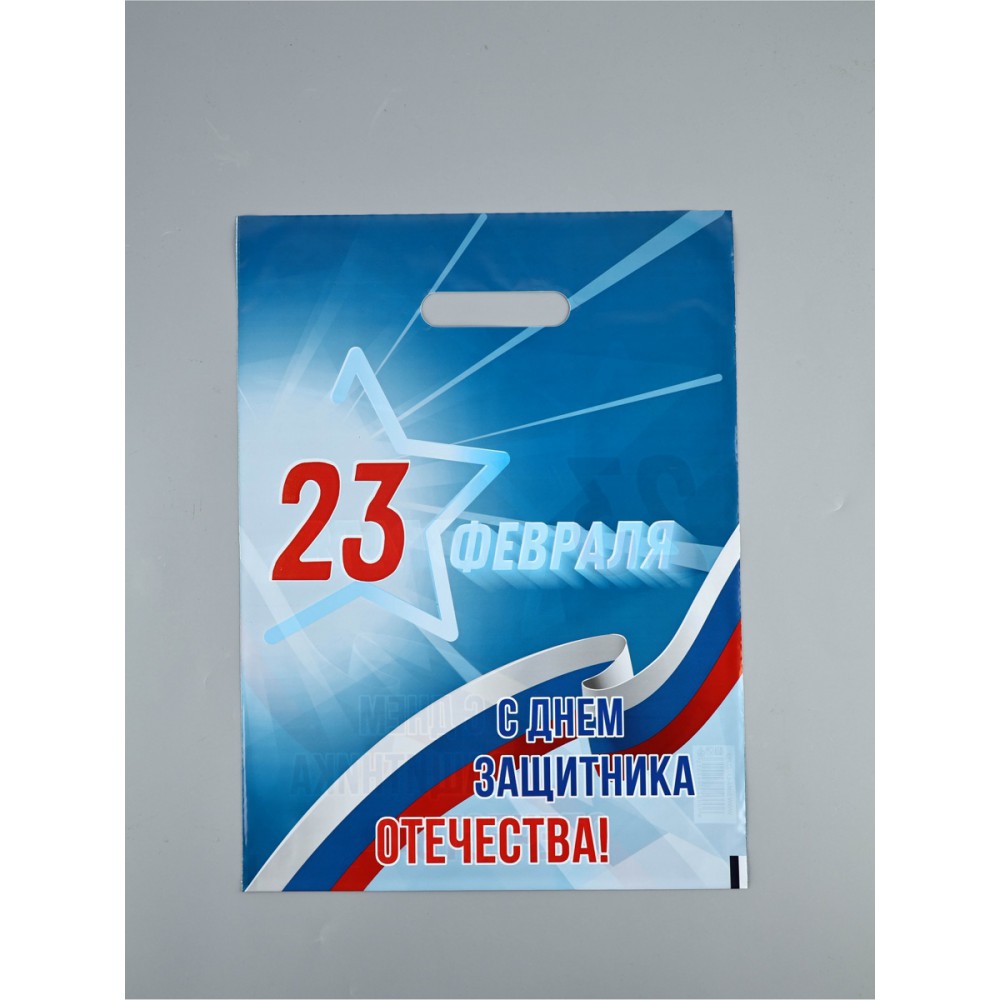 Пакет п/э с вырубной ручкой "23 февраля" 30*40/50мкм