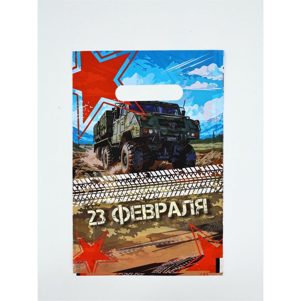 Пакет п/э "23 февраля"с вырубной  ручкой 20*30/30мкм.