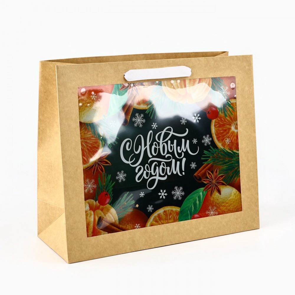 Пакет крафт с пластиковым окном "С Новым годом"  31*26*11см