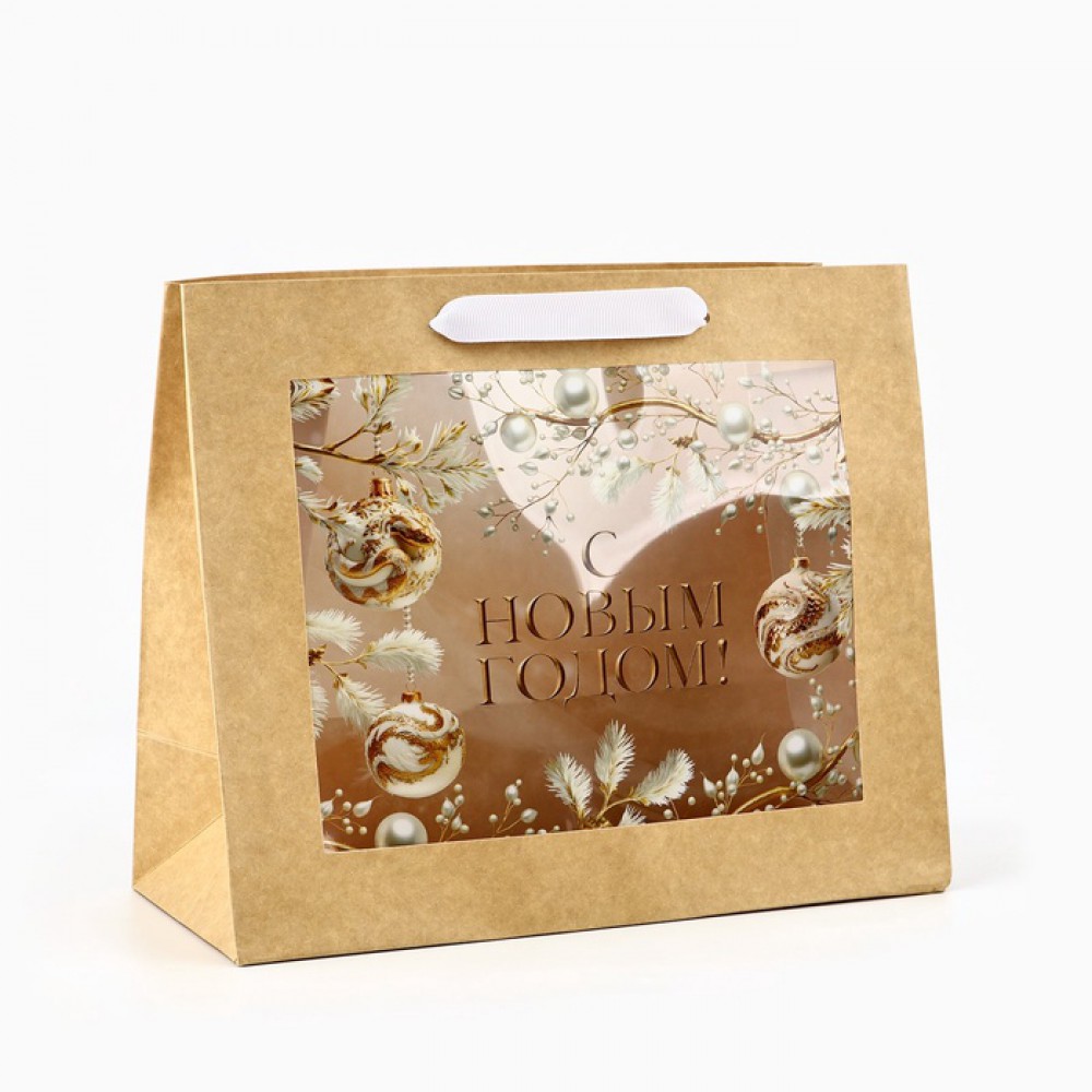 Пакет крафт с пластик. окном «Новогодняя пора», 24 х 20 х 11см 
