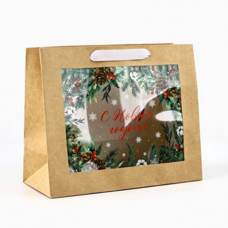 Пакет крафт с пластик. окном «Новогодняя пора», 24 х 20 х 11см 