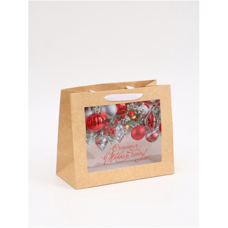 Пакет крафт с пластик. окном «Новогодняя пора», 24 х 20 х 11см 