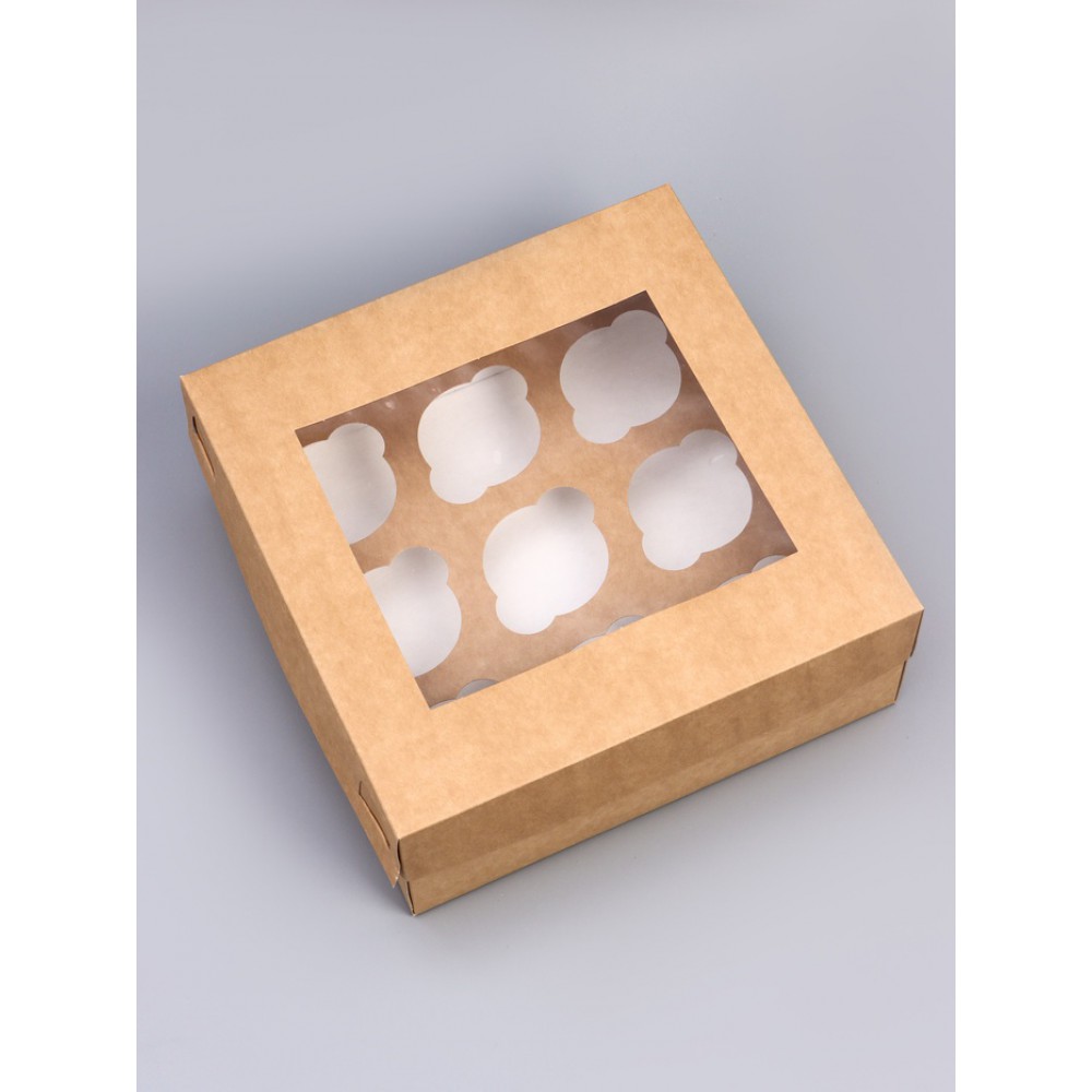 Упаковка для капкейков на 9шт.с окном, крафт 25*25*10см. 